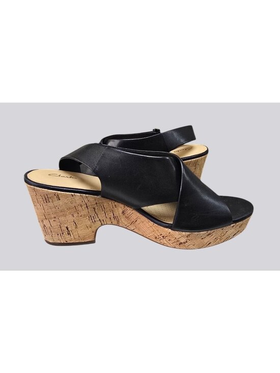 Clarks Shoes - Clarks Black Leather Cork Wedge Sandals Adjustable Strap Size 9.5 M Women’s